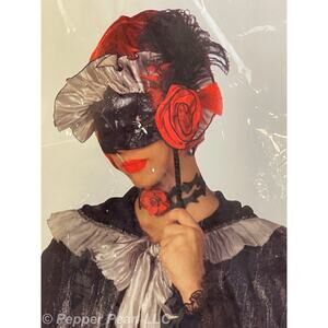 Vampire Mask on a Stick Set of 4 Masquerade Eye Half Feather Rose Ruffle Silver